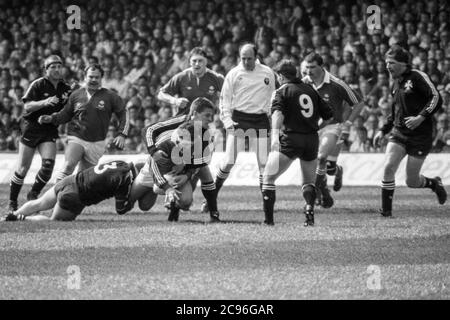 Gareth Llewellyn von Neath RFC tappte sich gegen Anthony Buchanan, den Requisiten von Llanelli RFC, beim WRU-Pokalfinale im National Stadium in Cardiff. Stockfoto