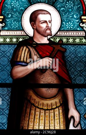 St. Francis de Sales Kirche. Buntglasfenster. St. Maurice war der Führer der legendären römischen Legion Theban im 3. Jahrhundert. Genf. Sw Stockfoto