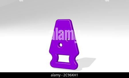 TISCHLEUCHTE BUNT aus einer Perspektive mit dem Schatten. Eine dicke Skulptur aus metallischen Materialien von 3D-Rendering. Hintergrund und Holz Stockfoto