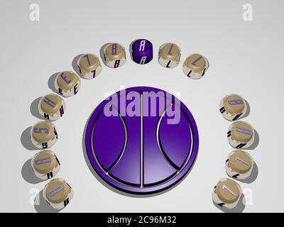 3D-Illustration von BASKETBALL-GRAFIK und Text rund um das Symbol durch metallische Würfel Buchstaben für die damit verbundenen Bedeutungen des Konzepts und Präsentationen gemacht. Hintergrund und Wettbewerb Stockfoto