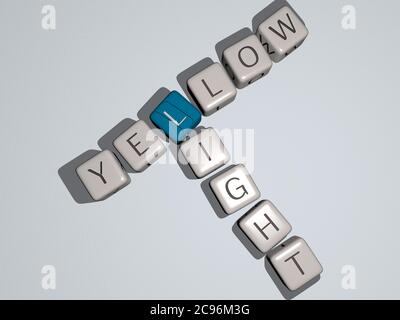 Kreuzworträtsel von gelbem Licht, angeordnet durch kubische Buchstaben auf einem Spiegelboden, Konzept Bedeutung und Präsentation. Hintergrund und Illustration. 3D-Illustration Stockfoto