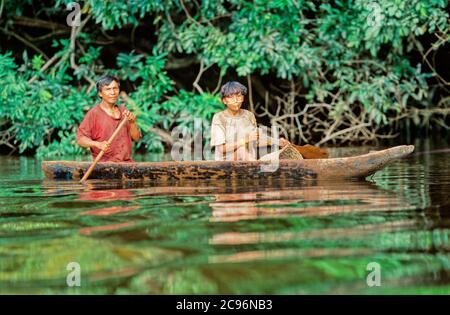 INDIOS YANOMAMI, IRONAVI STAMM, KANUFAHREN AUF BRAZO CASIQUIAIRE, AMAZONAS, VENEZUELA Stockfoto