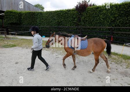 Teenager, die sich auf eine poney in Beaumesnil, Frankreich, vorbereiten. Stockfoto