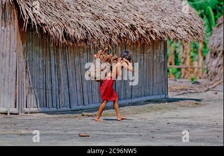 INDIOS YANOMAMI, IRONAVI STAMM, KANUFAHREN AUF BRAZO CASIQUIAIRE, AMAZONAS, VENEZUELA Stockfoto