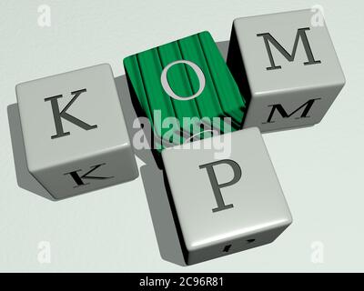 Kreuzworträtsel von kom op angeordnet durch kubische Buchstaben auf einem Spiegelboden, Konzept Bedeutung und Präsentation. ägypten und Tempel. 3D-Illustration Stockfoto