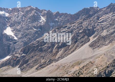 Der Pamir-Bergblick und ruhiger Campingplatz am Kulikalon-See im Fann-Gebirge in Tadschikistan. Stockfoto