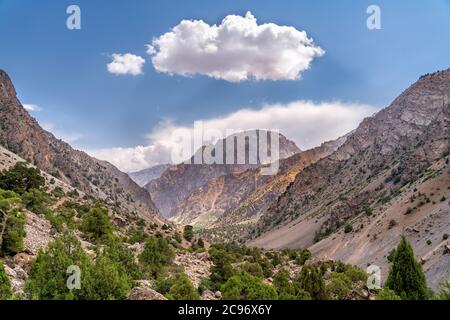 Die schöne Aussicht auf blauen Himmel und Schnee Berggipfel in der Nähe von Kaltsit Gipfel in Fann Berge in Tadschikistan Stockfoto