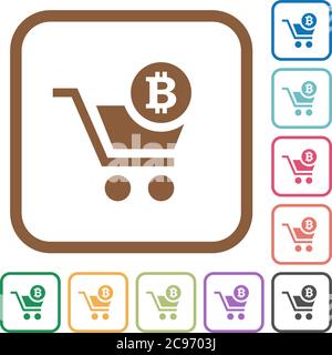 Kasse mit Bitcoin Warenkorb einfache Symbole in Farbe gerundeten quadratischen Rahmen auf weißem Hintergrund Stock Vektor