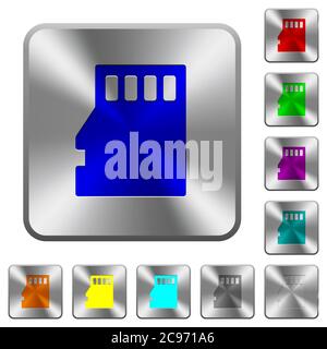 Micro SD-Speicherkarte mit gravierten Symbolen auf runden quadratischen Knöpfen aus glänzendem Stahl Stock Vektor