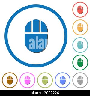 Drei geknöpfte Computer Maus flache Farbe Vektor-Symbole mit Schatten in runden Umrissen auf weißem Hintergrund Stock Vektor