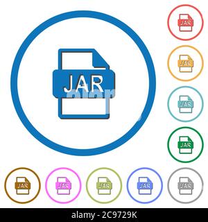 JAR-Datei-Format flache Farbe Vektor-Symbole mit Schatten in runden Konturen auf weißem Hintergrund Stock Vektor