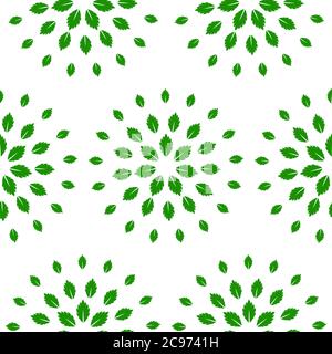 Nahtloses Blumenmuster mit Sternen aus Blättern. Wiederholende grüne Textur auf weißem Hintergrund. Perfekt für den Druck auf Stoff oder Papier. Stock Vektor