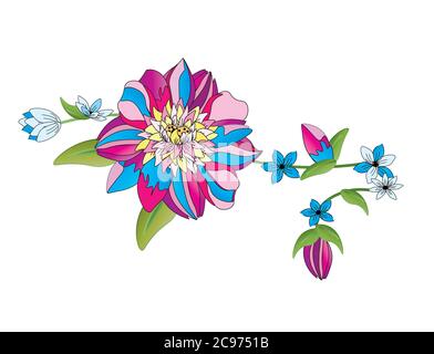 Grafische Illustration von bunten Blume und String von anderen Blumen, alle isoliert auf weißem Hintergrund. Fuchsia Pink und Blues. Stockfoto