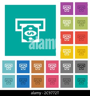 Dollar Bank ATM mehrfarbige flache Symbole auf einfachen quadratischen Hintergründen. Weiße und dunklere Symbolvarianten für schwebe- oder aktive Effekte. Stock Vektor