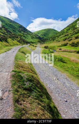 Der Wanderweg durch das Carding Mill Valley mit Calf Ridge im Hintergrund, Long Mynd, Shropshire, England Stockfoto