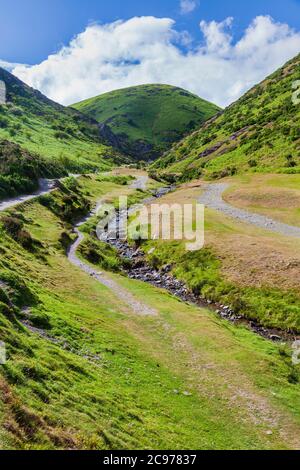 Der Wanderweg durch das Carding Mill Valley mit Calf Ridge im Hintergrund, Long Mynd, Shropshire, England Stockfoto