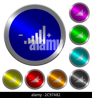Steuerelementsymbole auf runden, fluoreszierenden, farbigen Stahlknöpfen Stock Vektor