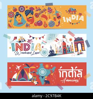 Indien Set Asien Land Vektor indische Architektur Asiatische Traditionen buddhismus Reise isolierte Symbole und Symbole in 3 Banner. Stock Vektor