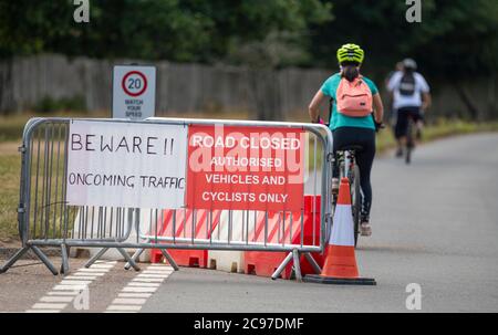 Richmond Park London, Großbritannien. 29. Juli 2020. Schönes Wetter im Richmond Park mit Hirschen, Spaziergängern und Radfahrern, die den autofreien Park genießen. Der Zugang zum Fahrzeug ist auf nur drei Parkplätze mit Durchgangsverkehr im Royal Park beschränkt. Quelle: Malcolm Park/Alamy Live News. Stockfoto