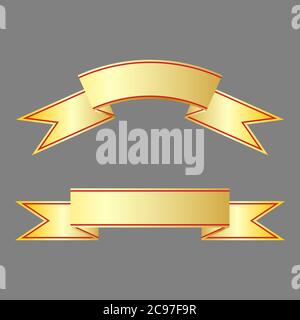 Trendy zwei Flat Gold Vector Bannerbänder mit Scharlach Streifen auf der Seite isoliert auf einem grauen Hintergrund, ein Band ist gewölbt, andere ist gerade. Stock Vektor