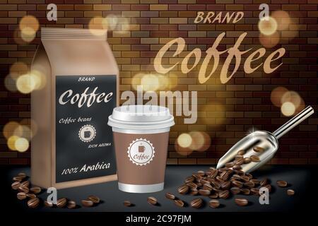 Kaffeetasse mit Bohnen Anzeigen. 3d-Darstellung von heißem arabica-Kaffee. Produkt Papiertüte Paket Design mit Backstein Hintergrund. Vektor Stock Vektor