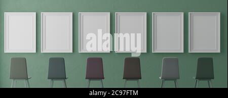 Vier vertikale weiße Rahmen-Modell, Holzrahmen und Stühle an der grünen Wand, 3d-Illustration Stockfoto