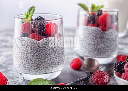Vegan gesundes Essen. Chia Pudding mit Kokosmilch, frischen Himbeeren und Brombeeren Stockfoto