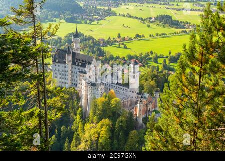 Schloss Neuschwanstein in den bayerischen Alpen von oben. Stockfoto