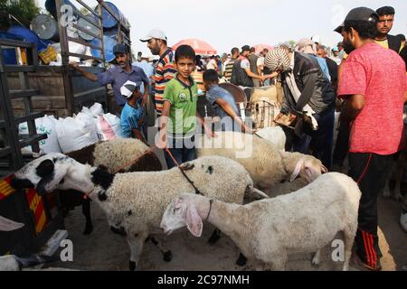 Khan Younis, Gaza. Juli 2020. Gaza, Palästina. Juli 2020. Ein Händler wartet auf Kunden auf einem Viehmarkt, um sich auf den bevorstehenden muslimischen Eid al-Adha-Feiertag in Deir el-Balah, im zentralen Gazastreifen, am Mittwoch, den 29. Juli 2020, vorzubereiten. Muslime auf der ganzen Welt feiern Eid al-Adha, um das Ende des Hadsch zu markieren, indem sie Schafe, Ziegen, Kühe und Kamele schlachten, um der Bereitschaft des Propheten Abraham zu gedenken, seinen Sohn Ismail auf Gottes Befehl zu opfern. Foto von Ismael Mohamad/UPI Credit: UPI/Alamy Live News Stockfoto