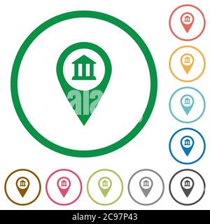 GPS-Kartenposition der Bank flache Farbsymbole in runden Umrissen auf weißem Hintergrund Stock Vektor