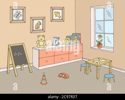 Vorschule Klassenzimmer Grafik Farbe Innenraum Skizze Illustration Vektor Stock Vektor