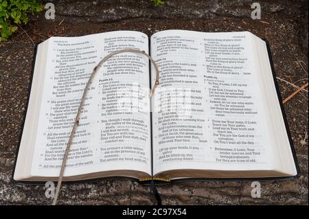 Heilige Bibel geöffnet mit kleinen Personal oben. Hervorhebung Von Psalm 23. Nahaufnahme. Draußen auf Treppenstufen. Stockfoto