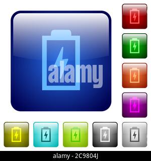 Akku mit Energiesymbolen in abgerundeter quadratischer Farbe, glänzend, Tastensatz Stock Vektor