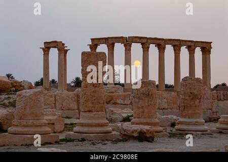 Die Sonne geht zwischen den Steinsäulen der antiken Ruinen in Palmyra, Syrien, auf. Bild aufgenommen bei Sonnenaufgang mit der Landschaftsansicht von Säulen und Säulen EIN Brunnen Stockfoto