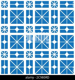 Einfache blaue Quadrate mit Kreuzungslinien halbiert, um sich wiederholende Muster vor einem weißen Hintergrund zu erstellen, geometrische Vektordarstellung Stock Vektor