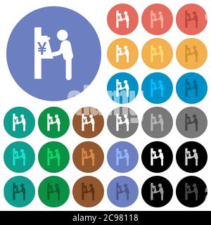 Yen Geldautomat mehrfarbige flache Symbole auf runden Hintergründen. Inklusive weißen, hellen und dunklen Symbolvarianten für schweben und aktive Statuseffekte, ein Stock Vektor