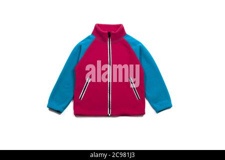 Blau rosa Fleece Jacke isoliert auf weißem Hintergrund, Vorderansicht Stockfoto