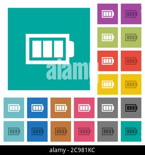 Voller Akku mit drei Ladeeinheiten mehrfarbige flache Symbole auf schlichten quadratischen Hintergründen. Weiße und dunklere Symbolvarianten für Hover oder Active enthalten Stock Vektor