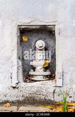 Wasserlinie ins Haus sichtbar whit Farbe braun Blätter gemalt Grünes Gras Stockfoto