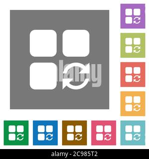 Aktualisieren Sie die flachen Symbole der Komponente auf einfachen farbigen quadratischen Hintergründen Stock Vektor