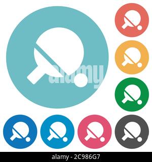 Tischtennis flache weiße Symbole auf runden farbigen Hintergründen Stock Vektor