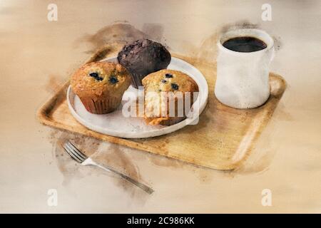 Malen Sie Aquarelle unter dem Thema Kaffee und Muffins. Stockfoto