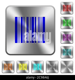 Symbole mit Barcode-Gravur auf runden quadratischen Knöpfen aus glänzendem Stahl Stock Vektor