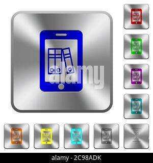 Mobile Office gravierte Symbole auf runden quadratischen glänzenden Stahlknöpfen Stock Vektor