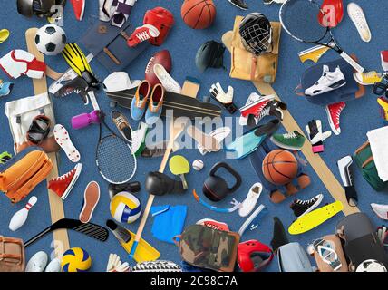 Sportgeräte und Bekleidung sind im Fitnessraum verteilt Stockfoto