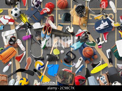 Sportgeräte und Bekleidung sind im Fitnessraum verteilt Stockfoto