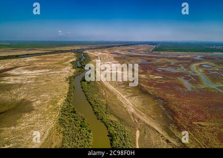 Luftaufnahme des Delta des Flusses Axios, im Norden Griechenlands Stockfoto