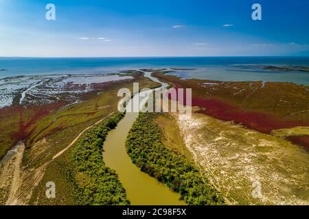 Luftaufnahme des Delta des Flusses Axios, im Norden Griechenlands Stockfoto