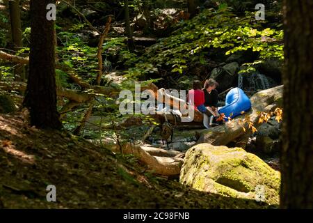 Paar Wanderer entspannen auf gefallenen Baumstamm über Berg Fluss Bach im sonnigen Sommer als shinrin Yoku Wald Baden und Natur Eskapismus. Stockfoto