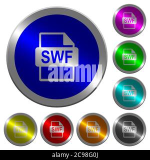 SWF-Dateiformatsymbole auf runden, leuchtenden, münzähnlichen farbigen Stahlknöpfen Stock Vektor